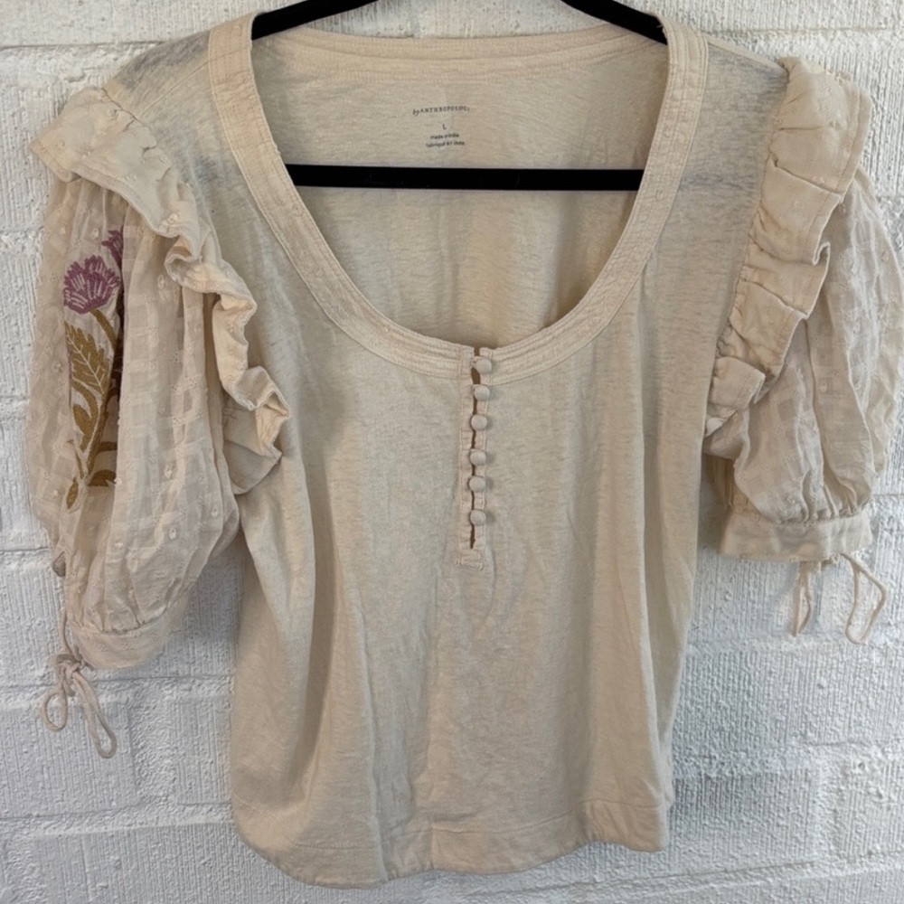 Anthropologie Cream Blouse with Embroidered Sleeves - Picture 6 of 11